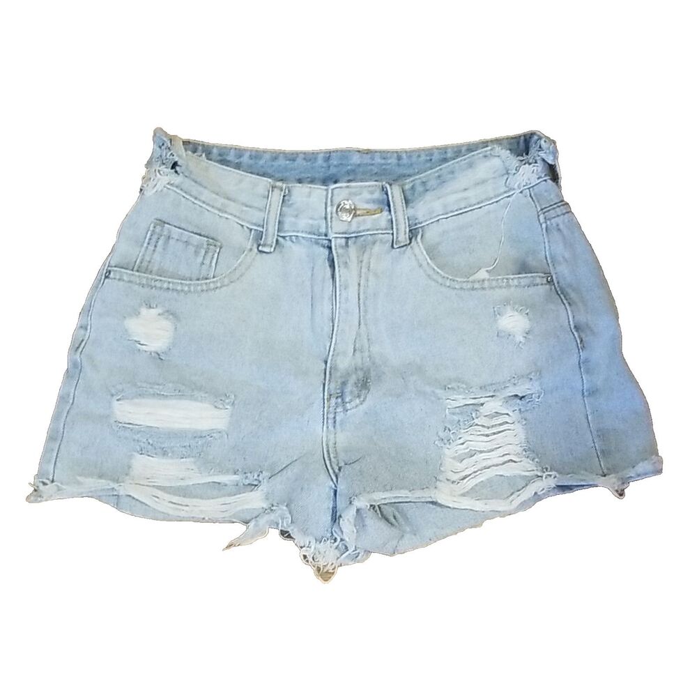 SHEIN High Rise Distressed Denim Shorts 26 Light Wash Cutoff Summer Festival Y2K